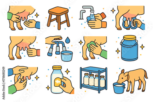 Isometric Milking Icons. Colorful isometric vector icons set of milking process stages: preparing udder, placing stool, washing hands, attaching machine,