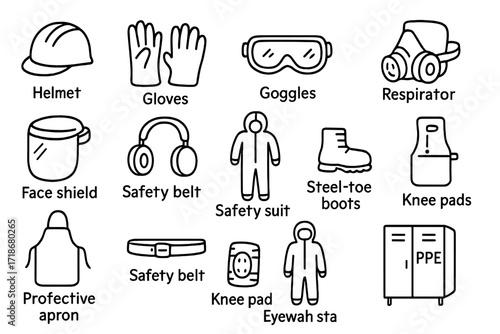 PPE Doodle Icons. Hand-drawn doodle illustration personal protective equipment PPE helmet, gloves, goggles, respirator mask, face shield, hearing protection,