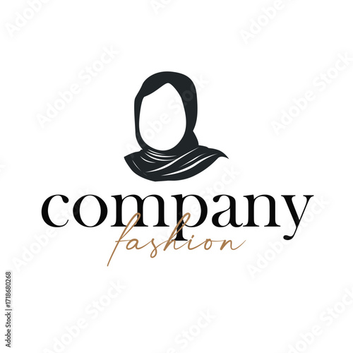 Beauty design concept of woman with black silhouette of simple elegant hijab logo, showing Muslim women's clothing style, illustration of symbol template for poster and brand