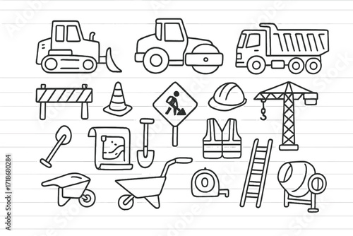 Construction Equipment Doodles. Hand-drawn doodle illustration Road and pavement construction [bulldozer, roller, dump truck, barrier, cone, sign, shovel,
