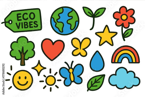 Eco-Friendly Doodle Icons. Colorful Hand-drawn doodle Children illustration Inspirational Eco Vibes Labels [green tag, earth, sprout, flower, tree, heart,