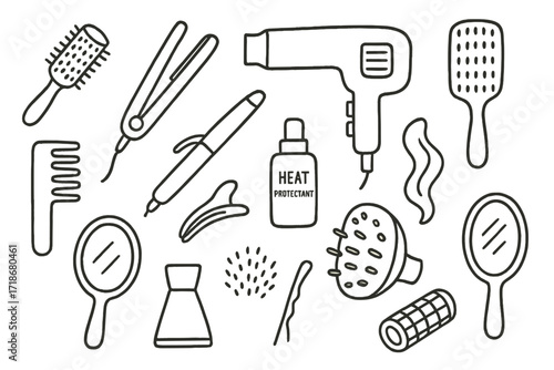 Hair Styling Tools Doodle. Hand-drawn doodle illustration [Styling tools and brushes] [round brush, flat iron, hairdryer, curling wand, paddle brush, comb,