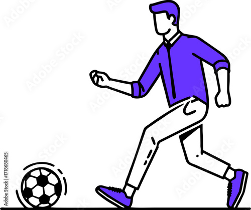 Professional soccer player and football concept. Young positive man cartoon character in sportswear kicking ball during football soccer training outdoors flat vector illustration