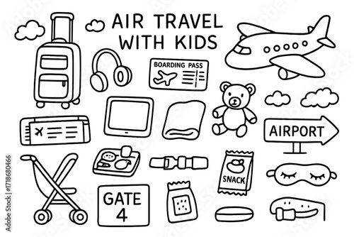 Air Travel Doodle. Hand-drawn doodle illustration Air Travel with Kids airplane, luggage, headphones, boarding pass, stuffed toy, tablet, blanket, clouds,