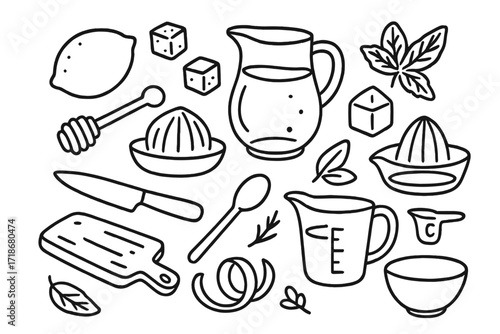 Lemonade Ingredients Icons. Hand-drawn doodle illustration Lemonade Ingredients lemon, sugar cube, water jug, ice, mint, honey dipper, citrus press, knife,
