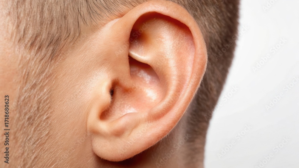 Naklejka premium Close-up of a human ear, showcasing detail and texture of the skin and hair around it.