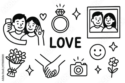 Engaged Couple Selfie. Hand-drawn doodle illustration engaged couple selfie phone icon, smiling couple, engagement ring, heart, selfie arm, sparkle, love text,