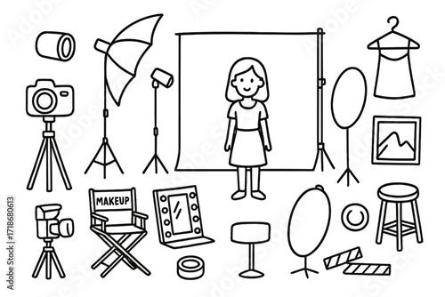 Photography Studio Doodles. Hand-drawn doodle illustration Studio photography setup [camera, light stand, umbrella light, model, backdrops, tripod, reflectors,