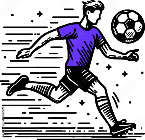 Professional soccer player and football concept. Young positive man cartoon character in sportswear kicking ball during football soccer training outdoors flat vector illustration