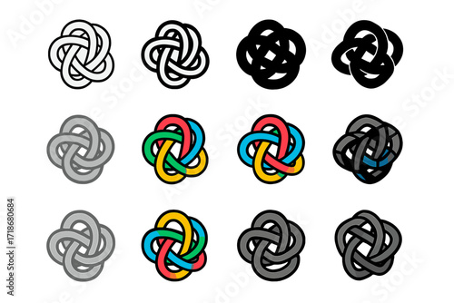 Tangle Logo Set. Set Logo of Tangle: Elastic bands knot. Logo set in vector style, emblematic variations. line, bold thick line, solid black filled, solid