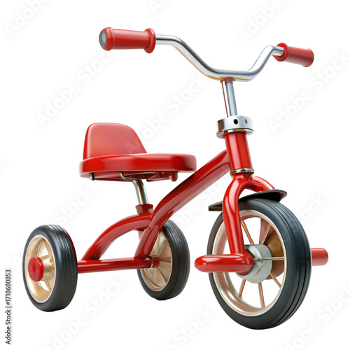 Red children's tricycle with gold wheels isolated on black background kids