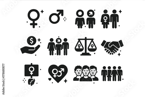 Symbols of Equality. Gender Equality. Solid icons set of female symbol, male symbol, gender-neutral symbol, equal pay, diverse workplace, balance scale, group