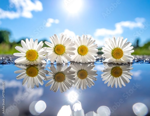 Daisies in a puddle reflecting a bright sky
