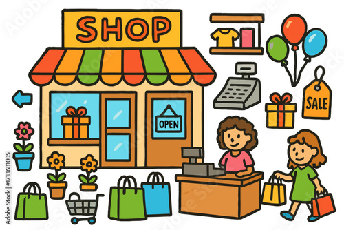 Colorful Storefront Doodle. Colorful Hand-drawn doodle Children illustration Storefront illustration colorful shop sign, striped awning, glass door, window
