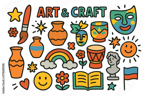 Children's Creative Doodles. Colorful Hand-drawn doodle Children illustration Art and Craft Traditions [paintbrush, clay pot, mask, drum, vase, sculpture,