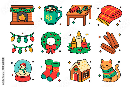 Festive Holiday Icons. Colorful isometric vector icons set of holiday cheer at home: decorated fireplace, hot cocoa mug, gift wrapping table, cozy blanket,
