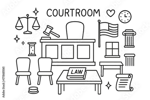 Courtroom Doodle Art. Hand-drawn doodle illustration Courtroom with empty chairs [judge?s bench, gavel, scales of justice, empty chair, table, law book, clock,