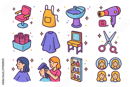 Hair Salon Tools. Colorful isometric vector icons set of hair salon tools and guides: salon chair, apron, shampoo bowl, blowdryer, hot rollers, cape, styling