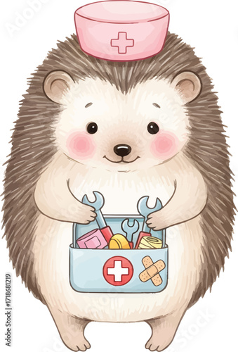 Cute hedgehog doctor with medical kit and pink nurse hat.