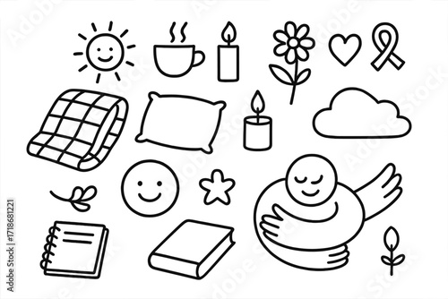 Comfort Icons Doodle. Hand-drawn doodle illustration Comfort and care [blanket, pillow, tea cup, candle, flower, heart, smiling face, hug, notebook, book,