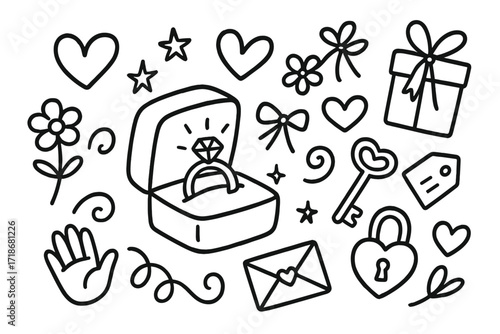 Engagement Ring Sketch. Hand-drawn doodle illustration Ring in a box [ring, jewelry box, sparkle, heart, diamond, star, bow, ribbon, flower, envelope, key,