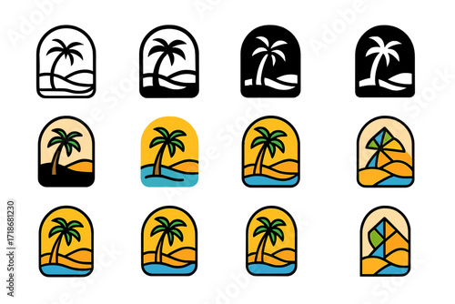Desert Dune Logos. Set Logo of Desert Dunes: Palm tree in oasis. Logo set in vector style, emblematic variations. line, bold thick line, solid black filled,