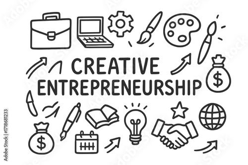 Creative Entrepreneurship Icons. Hand-drawn doodle illustration Creative entrepreneurship [briefcase, laptop, gear, palette, paintbrush, pen, book, light bulb,