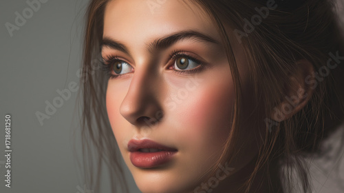 Half-Body Portrait of Young Female with Natural Makeup, Soft Side Lighting, Simple Beige Background, DSLR 50mm Lens, f/3.5 Aperture, ISO 160, Photorealistic Studio Quality