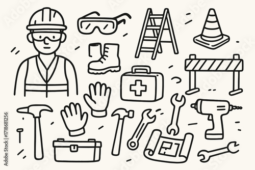 Construction Safety Icons. Hand-drawn doodle illustration construction safety worker hard hat, safety goggles, safety vest, gloves, boots, first aid kit,