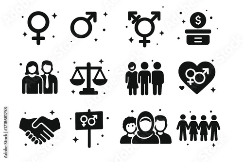 Gender Equality Icons. Gender Equality. Solid icons set of female symbol, male symbol, gender-neutral symbol, equal pay, diverse workplace, balance scale,
