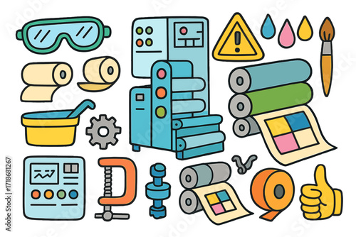Industrial Printing Doodle. Colorful Hand-drawn doodle Children illustration Industrial printing flexo press, control panel, safety goggles, paper roll, ink