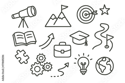 Future Success Symbols. Hand-drawn doodle illustration future vision telescope, mountain, flag, target, star, arrow, book, graduation cap, briefcase, puzzle