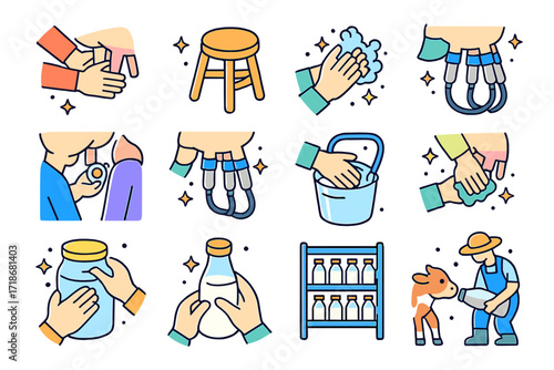 Isometric Milking Icons. Colorful isometric vector icons set of milking process stages: preparing udder, placing stool, washing hands, attaching machine,