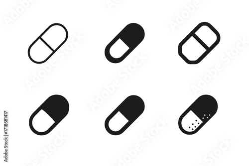 Pharmaceutical Logo Variations. Pharmaceuticals. Set Logo of Pharmaceuticals: Pill capsule. harmonious logo variations of the same emblematic concept, each