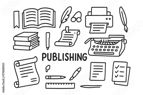 Publishing Tools Icons. Publishing. Hand-drawn doodle illustration open book, stack of books, printer, typewriter, scroll, ink pen, paper sheets, ruler,