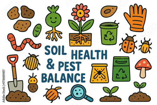 Soil Health Doodle. Colorful Hand-drawn doodle Children illustration Soil health and pest balance dirt clumps, worm, roots, smiling plant, flower, seed, soil