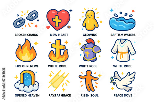 Spiritual Transformation Icons. Colorful isometric vector icons set of spiritual transformation: broken chains of sin, new heart, glowing spirit, baptism