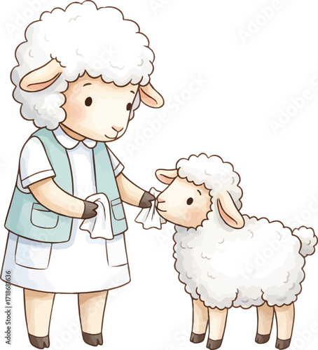 Illustration of a shepherdess feeding a lamb with a white cloth.