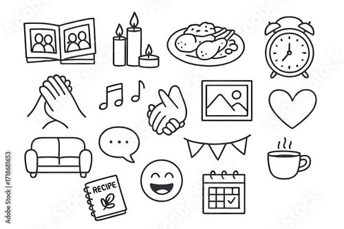 Shared Rituals Sketch. Hand-drawn doodle illustration [shared traditions and rituals] [photo album, candles, food plate, clock, hands together, music, framed