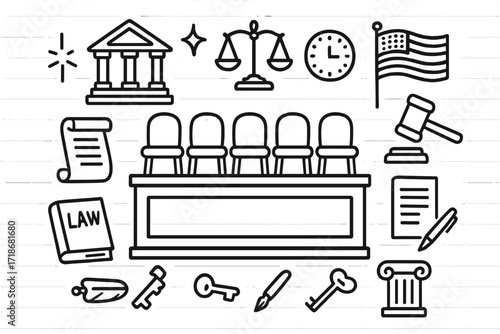 Courtroom Icons Doodle. Hand-drawn doodle illustration Absent jury courtroom [jury box, row of chairs, gavel, courthouse, scales of justice, law book, scroll,