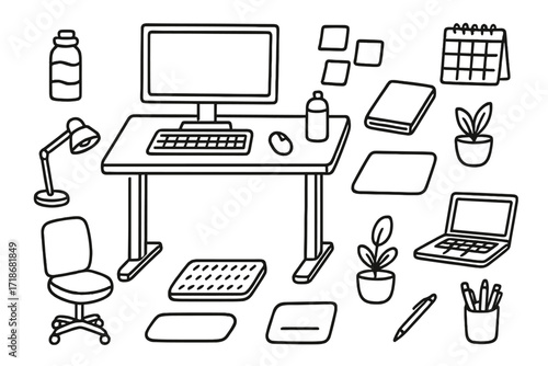 Standing Desk Doodle. Hand-drawn doodle illustration Standing desk setup [standing desk, monitor, keyboard, mouse, footrest, water bottle, desk mat, chair,