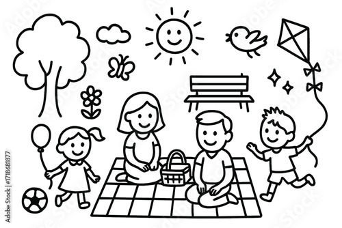 Park Family Fun. Hand-drawn doodle illustration Family outing in the park [child figures, parent figures, picnic basket, blanket, kite, soccer ball, butterfly,