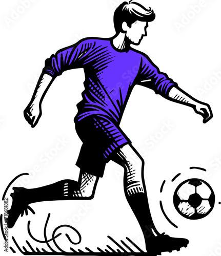 Professional soccer player and football concept. Young positive man cartoon character in sportswear kicking ball during football soccer training outdoors flat vector illustration