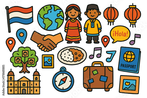Cultural Heritage Symbols. Colorful Hand-drawn doodle Children illustration Cultural origin heritage flag, globe, handshake, traditional clothing, map pin,