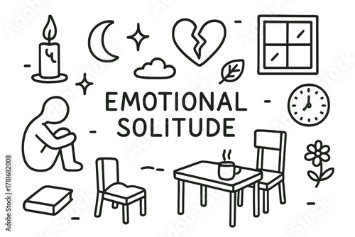 Emotional Solitude Doodles. Hand-drawn doodle illustration Emotional solitude [figure silhouette, candle, broken heart, sparkle, star, moon, cloud, empty