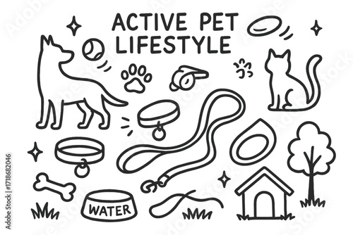Active Pet Symbols. Hand-drawn doodle illustration Active Pet Lifestyle [dog silhouette, cat silhouette, bouncing ball, frisbee, paw print, whistle, collar,