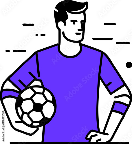 Professional soccer player and football concept. Young positive man cartoon character in sportswear kicking ball during football soccer training outdoors flat vector illustration