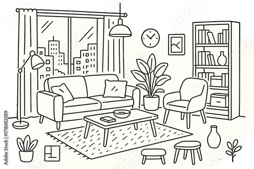 Modern Apartment Doodle. Hand-drawn doodle illustration [modern urban apartment interior with large windows] [sofa, coffee table, rug, floor lamp, bookshelf,