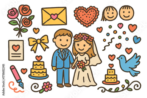 Whimsical Wedding Icons. Colorful Hand-drawn doodle Children illustration Cute wedding icons invitation card, roses, envelope flap, lace heart, dotted pattern,