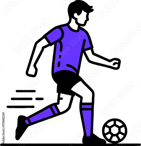 Professional soccer player and football concept. Young positive man cartoon character in sportswear kicking ball during football soccer training outdoors flat vector illustration
